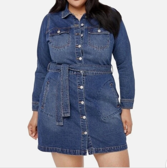 JUST FAB DARK WASH BELTED BUTTON UP DENIM JACKET DRESS - Picture 3 of 11